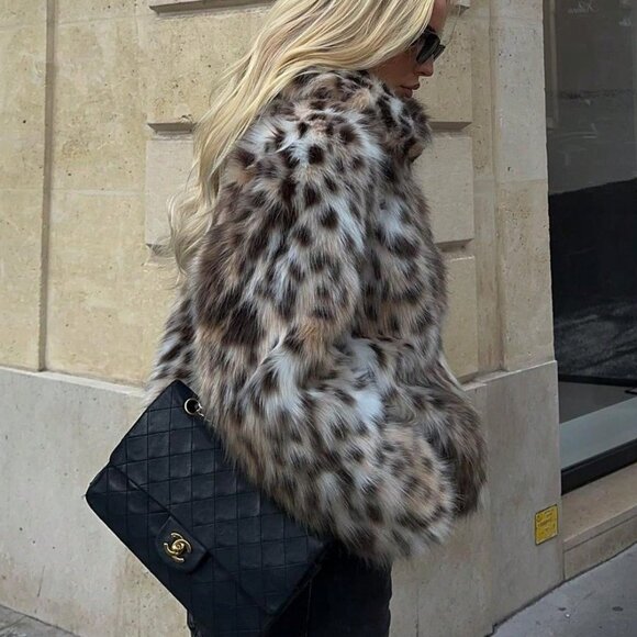 Women's Faux Fur animal print Long Sleeve Warm Coat - Picture 3 of 9